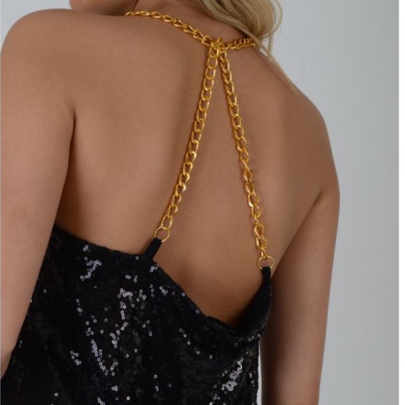 🎉Black Sequin Tank Top with Gold Colored Chain Details! - Picture 2 of 7